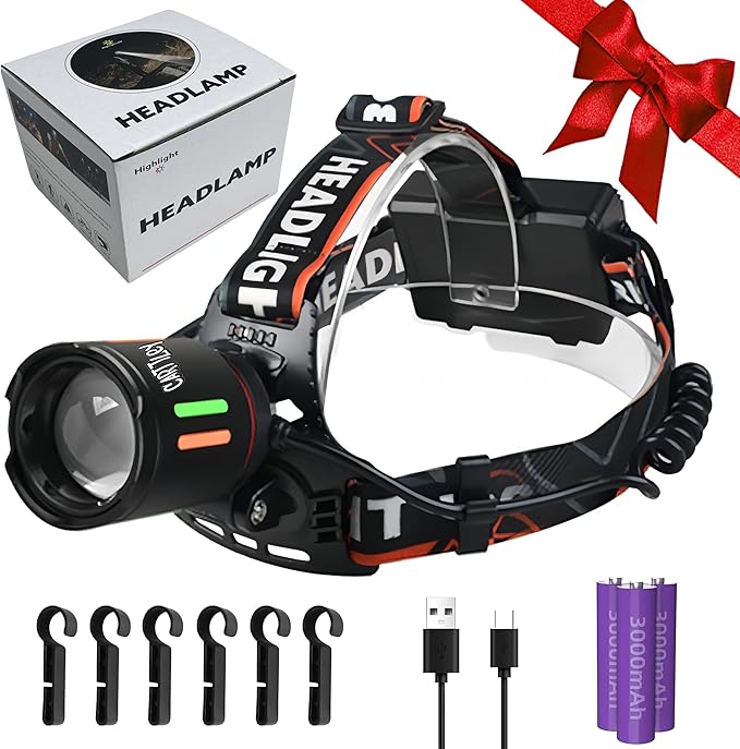 LED Rechargeable Headlamp, 90,000 Lumens Super Bright with 4 Modes & IPX6 Level Waterproof USB Rechargeable Zoom Headlamp, 90° Adjustable Outdoor Camping, Cycling, Climbing, Home