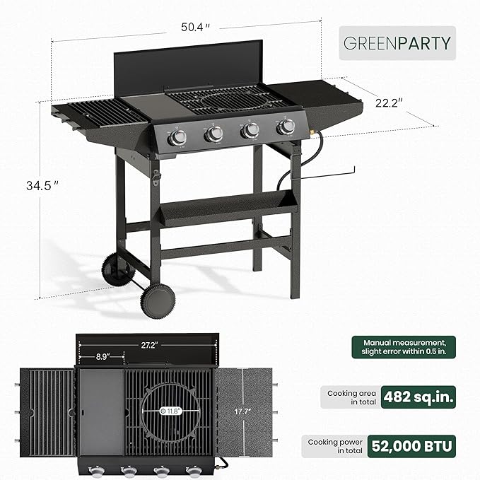 3 in 1 Propane Griddle Grill Stove Combo,4-Burner Propane Gas BBQ Grill with Porcelain-Enameled Cast lron Grates & Plate, 52,000 BTU Barbecue Combo Grill for Outdoor Cooking Camping Patio Backyard