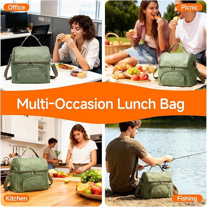 Mens Lunch Box with 2 XL icepacks,Sturdy Waxed Canvas Insulated Lunch Bag for Adult, 2 Compartment Soft Cooler Bag For Work, Picnic, Travel, Outdoors (10.5L) 10"x7"x9.5" (London Green)