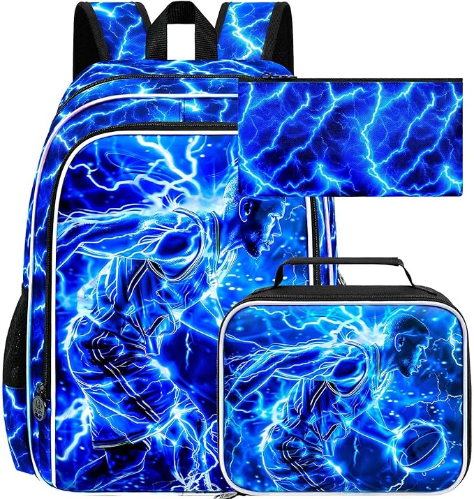 17" Basketball Backpack for Boy, 3Pcs Lightning Bookbag for Elementary Preschool Kindergarten, Kids School Backpacks with Lunch Box (Blue)