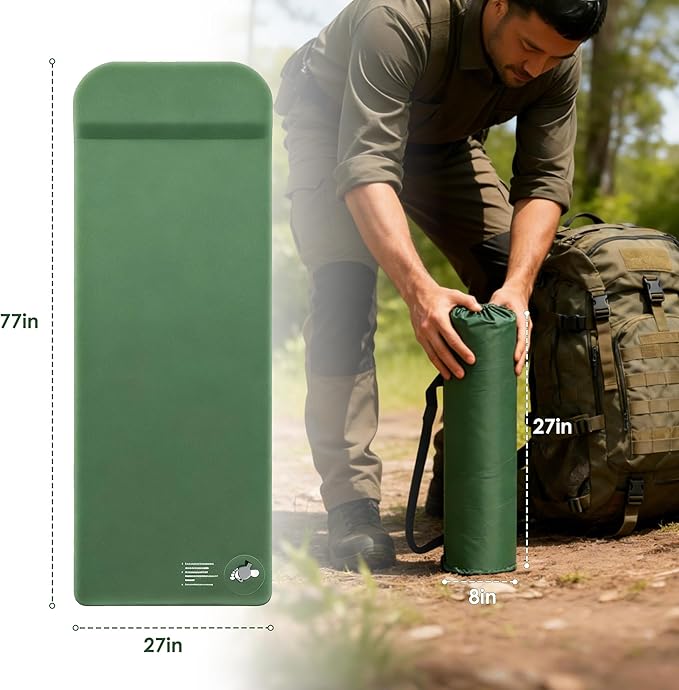 Memory Sleeping Pad, 3.1" Self Inflating Sleeping Pad for Camping, Easy Inflate & Deflate, Portable Foam Mattress with Pillow, 9.5 R-Value Insulated Sleeping Mat for Backpacking, Car, Travel, Tent