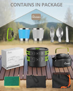 HOMGEN Ultralight Anodized Aluminum Camping Cookware Set for 2 People - Nesting Non Stick Pot/Pan with Foldable Handles Insulated Teapot & Stainless Cups - Compact Backpacking Gear for Camping/Hiking