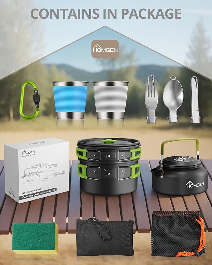 HOMGEN Ultralight Anodized Aluminum Camping Cookware Set for 2 People - Nesting Non Stick Pot/Pan with Foldable Handles Insulated Teapot & Stainless Cups - Compact Backpacking Gear for Camping/Hiking
