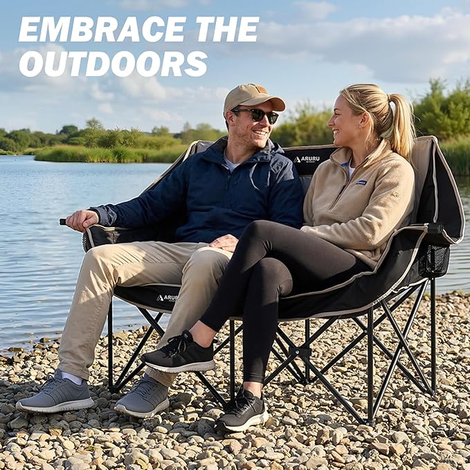 Double Camping Chair, Padded Oversized Camping Loveseat for Adults 2 Person Couch Two Seat Support 600LBS Heavy Duty Folding Camp Lawns Chairs for Outdoor Beach Backyard Tailgating Sports