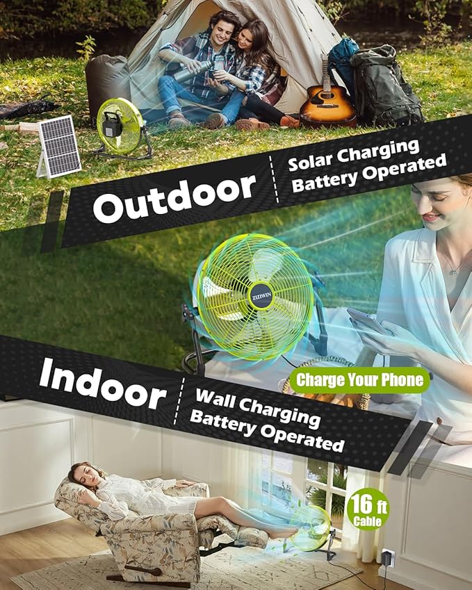 18" Solar Fan, 35W Solar Powered Cordless Greenhouse Fan with Rechargeable Battrey, Portable, 360° Tilt, 8~60H Runtime, for Outdoor Camping Gazebo Chicken Coop Patio Travel Shed Barn