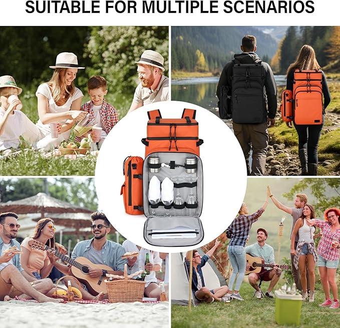 Hanke Backpack Cooler, 40 Cans Soft Leak Proof Picnic Backpack, Portable 2 Insulated Compartments Cooler Backpack Water Resistant for Lunch Beach Travel Camping Picnic Hiking,Orange