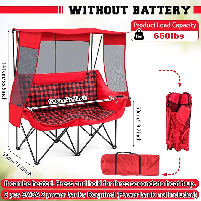 Double Camping Chair with Canopy Shade Oversized Folding Loveseat with Roof, 660lbs Heavy Duty Outdoor Lawn Chair with Holders Pocket for Camping, Fishing (Heating Zones for Cool Evenings)(Red Plaid)