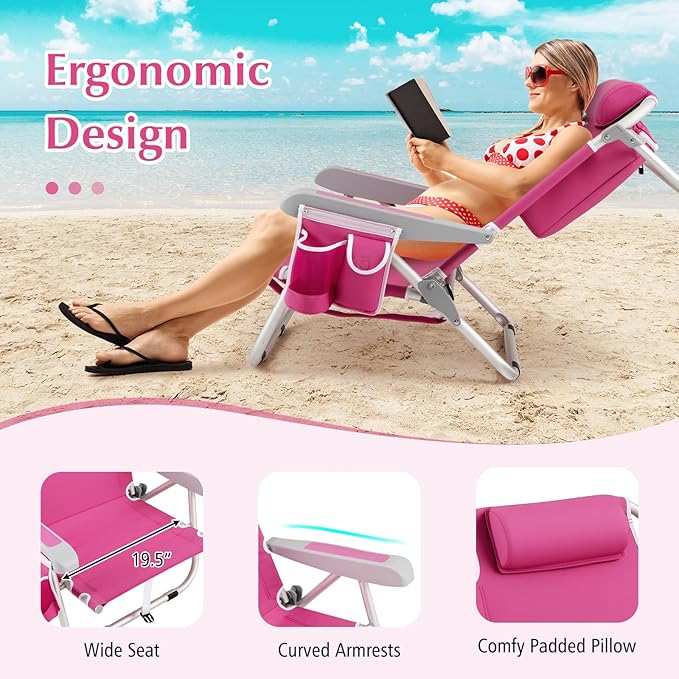 GYMAX Beach Chair, 330lbs Backpack Lounger with 5-Position Backrest, Storage Bag, Side Pocket, Towel Bar & Headrest, Foldable Low Beach Lounge, Portable Aluminum Lay Out Camp Chair (2, Pink)