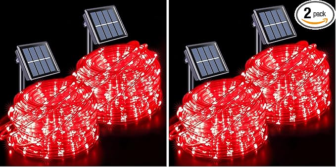JMEXSUSS 2 * 200 LED Red Solar Rope Lights, 66ft IP 65 Waterproof Solar String Light Outdoor, 8 Modes Christmas Lights for Camp Trampoline Ladder Slide Tent (Pack of 2)