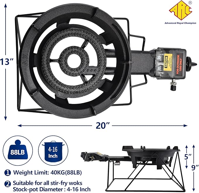 ARC Outdoor Propane Burner Stove, 13" Single Cast Iron Portable With Sturdy Stand, Adjustable Regulator, Stainless Steel Hose - Perfect for Outdoor Wok