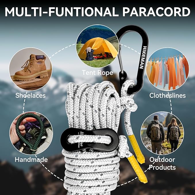 HIKEMAN Reflective Tent Rope Guyline - 4M Camping Guide Ropes,3mm Tent Guy Ropes Cord with Aluminum Tensioners Adjuster for Outdoor Camping Hiking Caravan Awning Tents (White, 3mm)