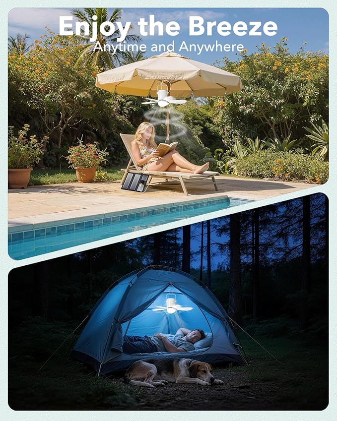 Solar Ceiling Fan Light, Battery Operated Camping Fan with Remote Contorl & 20W Portable Foldable Solar Panel, Rechargeable Gazebo Fan Light for Tent Canopy Pergola Travel