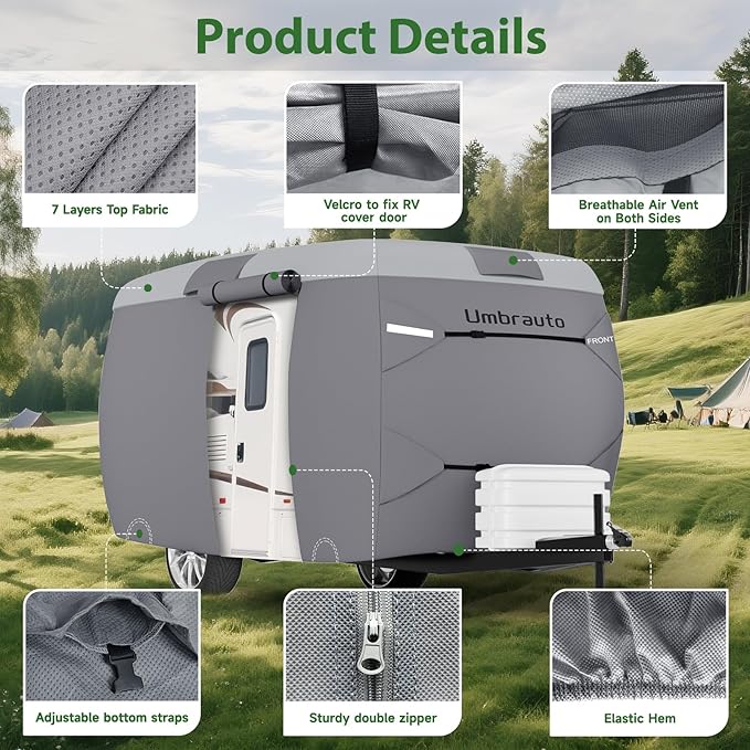 Umbrauto Fiberglass Travel Trailer Cover Fits 13'-16' Trailers, Upgraded 7 Layers Top Camper RV Cover with Windproof Strap,Adhesive Repair Patches