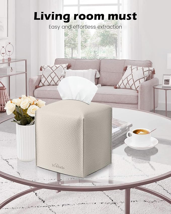 Tissue Box Cover for PU Leather, Modern Simple Solid Color Holder Square Tissue Bag, Ideal for Bathrooms,Office,Car,Outdoor Tent,Dining Table,5"X5"X5", Single Off-White