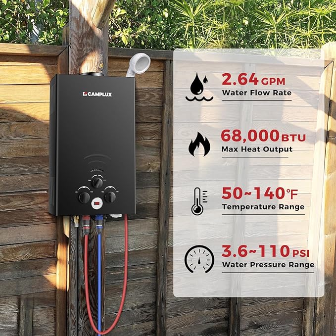 CAMPLUX Tankless Water Heater - 2.64GPM Portable Propane Heater for Off Grid, Camping, Outdoor Shower - 68,000 BTU - BW264B - Black