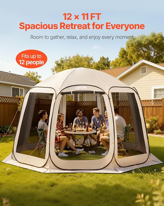 VEVOR 12 x 11 ft Pop up Screen House Tent, 10-12 Person Screen Gazebo w/Carry Bag, Netting Sides & Ground Stakes, Quick Setup, Screened in Canopy for Garden, Patio & Backyard, Outdoor, Beige