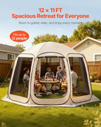 VEVOR 12 x 11 ft Pop up Screen House Tent, 10-12 Person Screen Gazebo w/Carry Bag, Netting Sides & Ground Stakes, Quick Setup, Screened in Canopy for Garden, Patio & Backyard, Outdoor, Beige