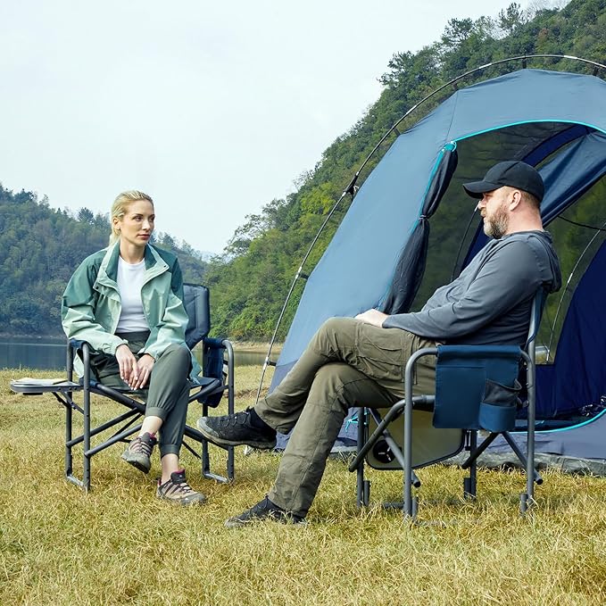 TIMBER RIDGE Aluminum Oversized Camping Chair, Lightweight Portable Directors Chair with Side Table Detachable Side Pocket for Outdoor Camping, Lawn, Picnic, Support 400lbs Blue 2 Pack