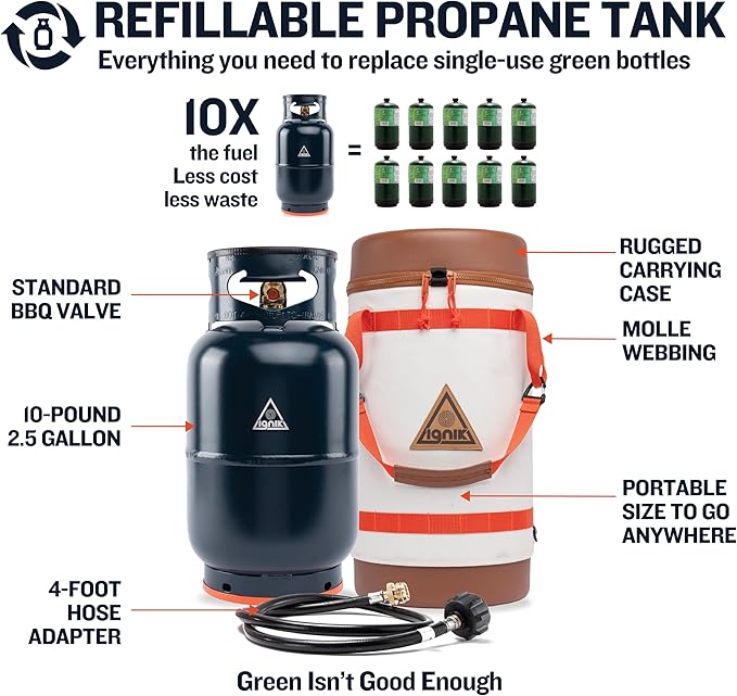 Ignik Refillable Gas Growler X 10-Pound Empty Propane Tank with Carry Case and Adapter Hose, Natural Case/Blue Tank