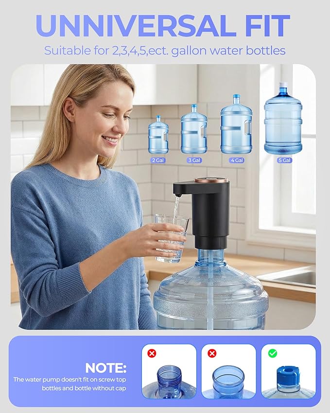 Water Jug Pump for 5 Gallon Bottle – Portable Electric USB-C Charging Dispenser, Dual Powerful Motors, Fast Flow, Fits 2-5 Gallon Jugs – Ideal for Home, Office, Camping, RV, Black