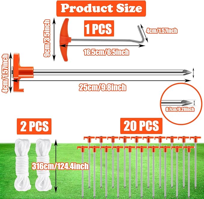 23 Pack Tent Stakes Heavy Duty,10 Inch Non-Rust Metal Tent Pegs Camping Stakes,Ground Stakes Tent Spikes for Camping,Garden,Hiking,Grassland,with 1 Pcs Hooked Head & 2 Pcs 10FT Ropes