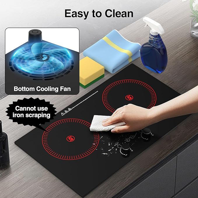 2 Burner Ceramic Cooktop, 2400W 110V Built-in or Countertop Electric Cooktop with Touch Screen & Knob Control, 10 Heat Settings, Child Lock, Timer, Overheat Protection.