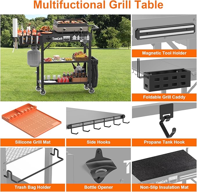 TomCare Grill Table with 3-Tier Storage Shelves Lockable Wheels Grill Cart with Silicone Grill Mat Heavy Duty Outdoor Tabletop Griddle Stand Holds 500Lbs Fits 22” Blackstone Ninja Cuisinart BBQ Grill