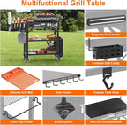 TomCare Grill Table with 3-Tier Storage Shelves Lockable Wheels Grill Cart with Silicone Grill Mat Heavy Duty Outdoor Tabletop Griddle Stand Holds 500Lbs Fits 22” Blackstone Ninja Cuisinart BBQ Grill