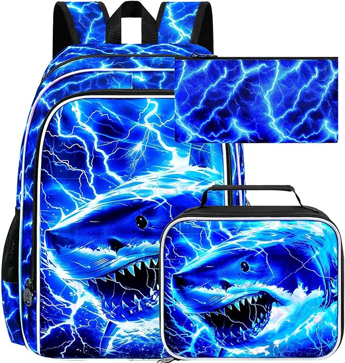 17" Shrak Backpack for Boy, 3Pcs Lightning Bookbag for Elementary Preschool Kindergarten, Kids School Thunder Backpacks with Lunch Box (Blue)