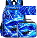 17" Shrak Backpack for Boy, 3Pcs Lightning Bookbag for Elementary Preschool Kindergarten, Kids School Thunder Backpacks with Lunch Box (Blue)