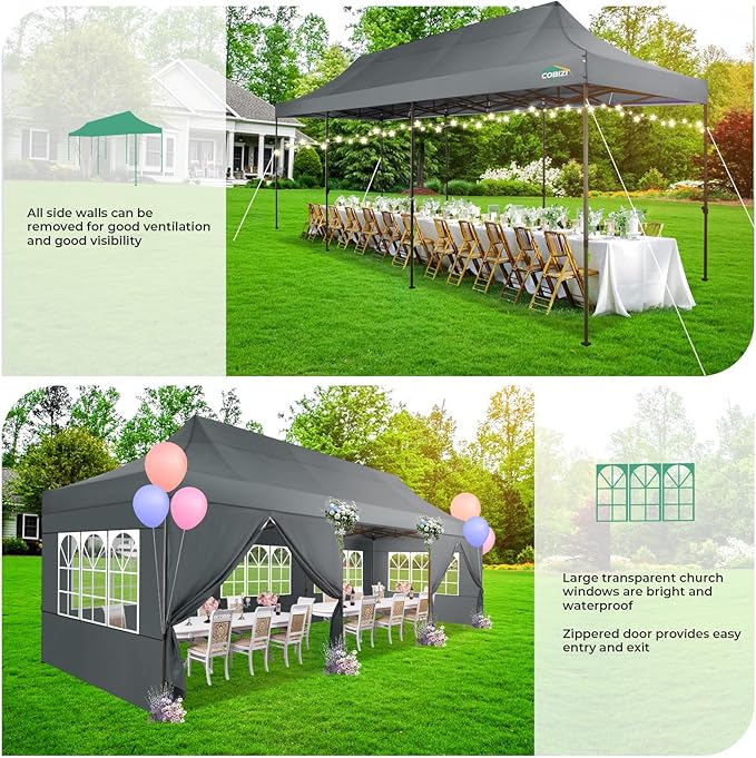 COBIZI Heavy Duty 10x30 Party Tent, Commercial 10x30 pop up Canopy for Parties Waterproof Gazebos with 8 Sidewalls, All Season Wind & Waterproof UPF50+,Stable Thickened Frame