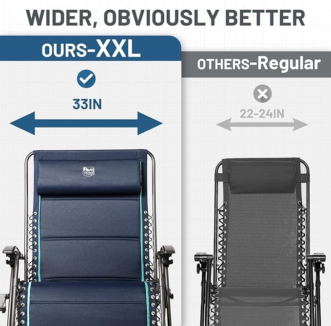 Timber Ridge Oversized Zero Gravity Chair, 33In Wide XXL Zero Gravity Reclining Chair with Side Table, Full Padded Lounge Chair for Outdoor Camping Patio Lawn, Heavy Duty Supports 500lbs, Blue-1 Pack