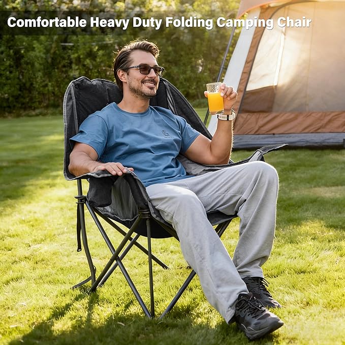 Oversized Camping Chair, Portable Folding Padded Camp Chairs with Side Pocket, Cup Holder, Heavy Duty Support 500LBS Outdoor Lounge Chair for Adults, Fishing, Sports, Trip, Black