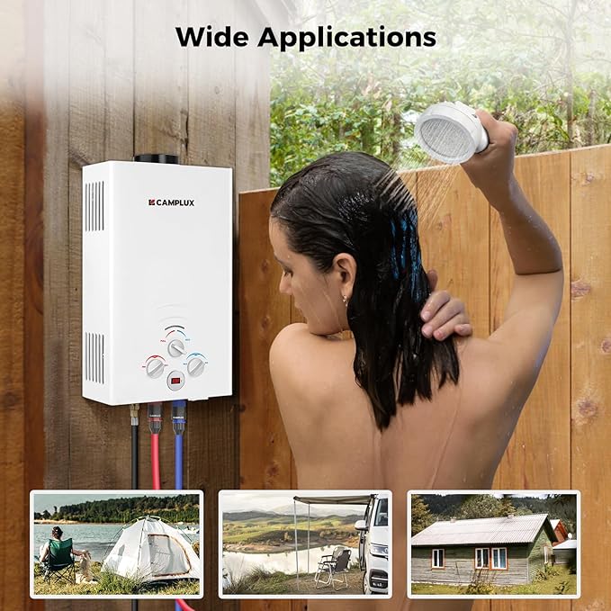 CAMPLUX Propane Water Heater, 2.11GPM Portable Water Heater for Camping, 55,000 BTU Portable Hot Water Heater Outdoor, BW211, White