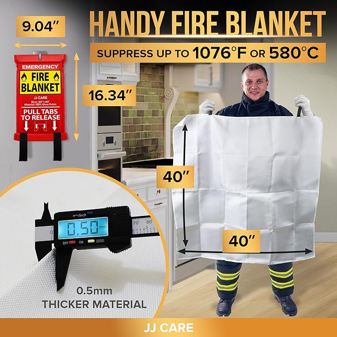 JJ CARE Fire Blanket – 10 Packs with Hooks – 40" x 40" Emergency Fire Blanket for Home & Kitchen, High Heat Resistant Fire Suppression Blankets for Home Safety, Kitchen, and Camping