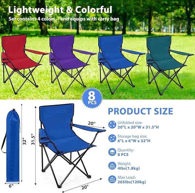 8 Pcs Folding Camping Chairs with Cupholder and Carry Bag Regular Size Portable Lightweight Lawn Chair with Mesh Side Pocket for Fishing Hiking Picnic Beach Outdoor Party (Chic)
