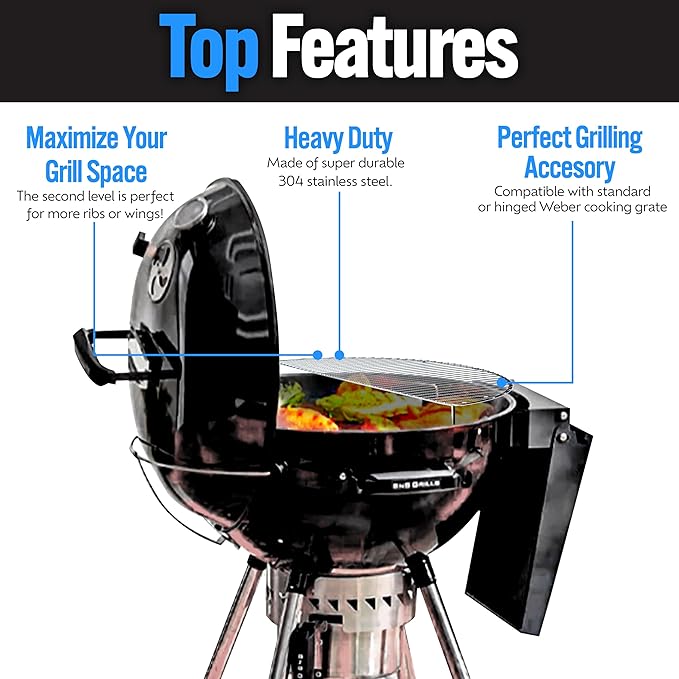 SnS Grills Slow ‘N Sear Elevated Cooking Grate - Compatible with Weber and Other Grills - Heavy Duty Stainless Steel, More Grill Space for Tailgating, Camping, and Backyard Cooking