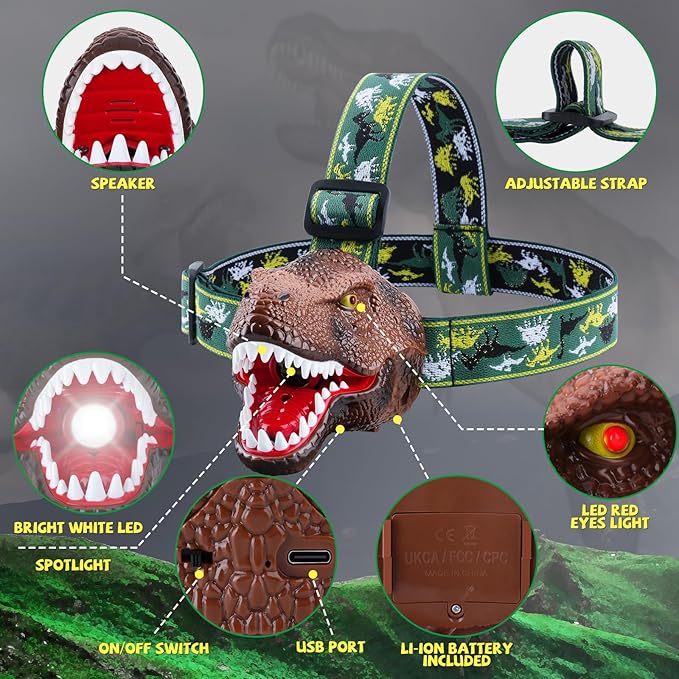 Upgraded Rechargeable Dinosaur Headlamp for Kids, Led Flashlight for Boys or Girls Outdoor Camping Gear, Roar & Silent Mode- Ideal Gift for Birthday, Halloween, Christmas