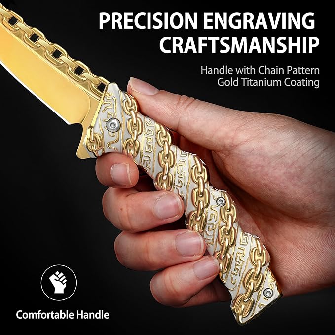 NedFoss CHAIN Pocket Knife Gifts for Her, Mothers Day Christmas Valentines Day Gifts for Women Mom Dad Wife Husband, 3.5 inch Personalized Folding Cool knives with 3D Pattern Handle, Camping Knife for Hunting Hiking (Gold)