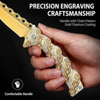 NedFoss CHAIN Pocket Knife Gifts for Her, Mothers Day Christmas Valentines Day Gifts for Women Mom Dad Wife Husband, 3.5 inch Personalized Folding Cool knives with 3D Pattern Handle, Camping Knife for Hunting Hiking (Gold)