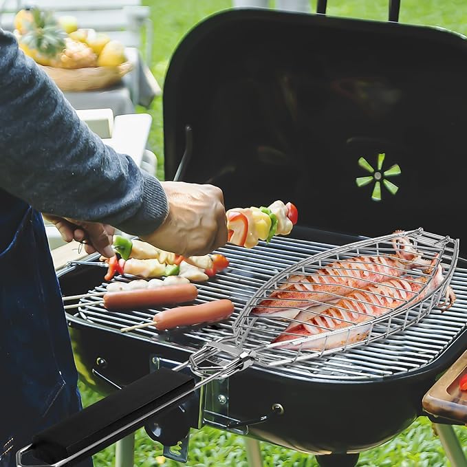 Fish Grill Basket, Heavy Duty Stainless Steel Grilling Basket with Removable Wooden Handle & Bonus Basting Brush, BBQ Accessories for Outdoor Camping Picnic, Cook Whole Fish, Seafood, Vegetables