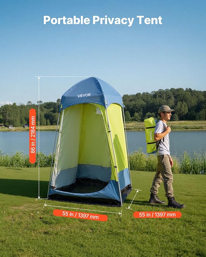 VEVOR Camping Shower Tent, 1 Room, Portable Privacy Tent Changing Room with Ground Stakes, Ropes, Carry Bag, and Steel Poles, 200D Oxford Fabric with Silver Coating, for Camping, Beach, Fishing