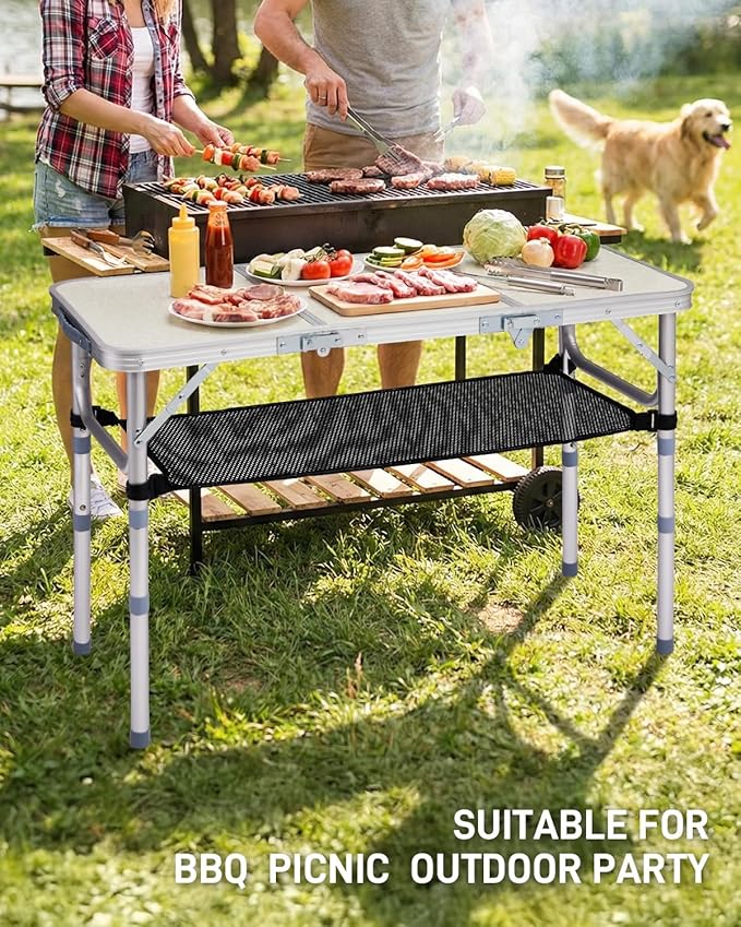 Outvita Folding Table, 3FT Aluminum Camping Table with Storage Adjustable Height Picnic Table Lightweight for Carring Outdoor Party Events Beach
