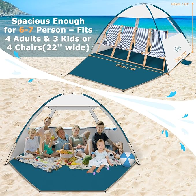 COMMOUDS Beach Tent Sun Shade for 3/4/6/8 Person, UPF 50+ Beach Sun Shelter Canopy Tent, Lightweight, Easy Set Up and Carry