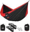 Fox Outfitters Neolite Double Camping Hammock - Lightweight Portable Nylon Parachute Hammock for Backpacking, Travel, Beach, Yard. Hammock Straps & Steel Carabiners Included (Red/Black)