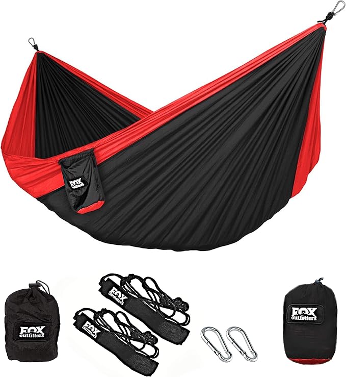 Fox Outfitters Neolite Double Camping Hammock - Lightweight Portable Nylon Parachute Hammock for Backpacking, Travel, Beach, Yard. Hammock Straps & Steel Carabiners Included (Red/Black)