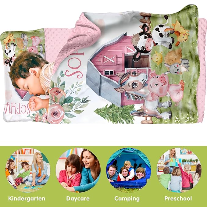 Custom Toddler Nap Mat for Preschool, Personalized Name Kids Sleeping Bag with Animal House Design for Daycare, Roll Up Sleeping Mat with Removable Pillow and Soft Dot Minky Blanke for Girls Camping