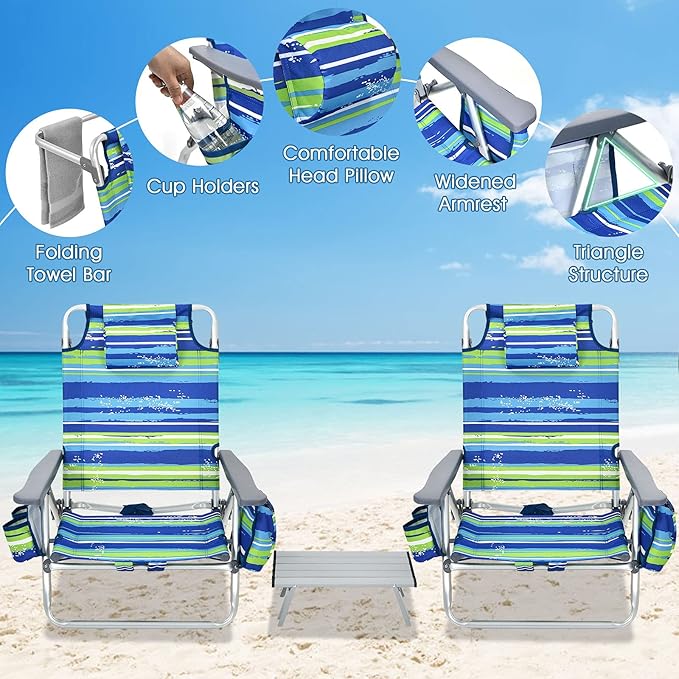 Giantex Folding Beach Chair, Patio Sling Chairs with 5 Adjustable Position, Head Pillow, Storage Bag, Towel Bar, Cup Holders, Backpack Chairs for Sunbathing, Camping Chair