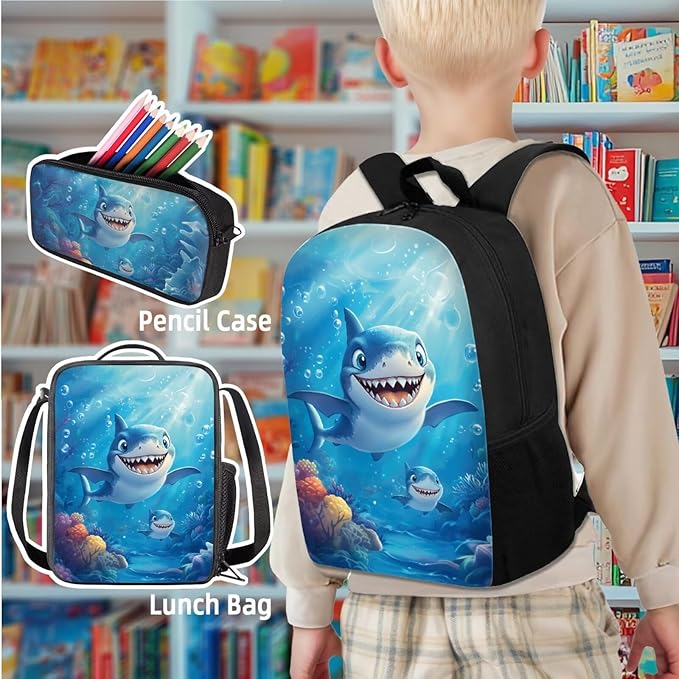 Animal Shark School Backpack Set with Lunch Box 3 Pcs School Backpack for Boys Kindergarten Middle Pencil Case Kids Travel Backpacks Mochilas Escolares Para Niños with Wrist Strap Keychain