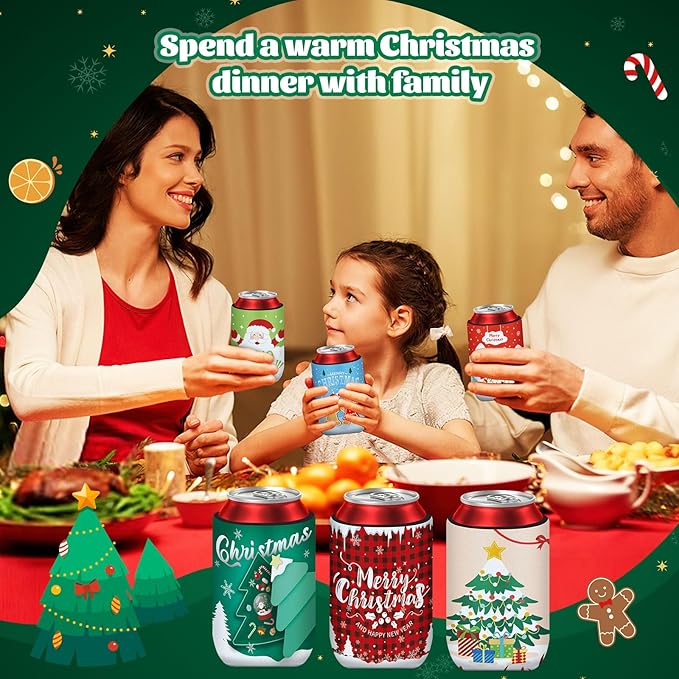 18 Pack Christmas Can Cooler Sleeves Beer Drink Can Bottle Cooler Sleeves Cooler Collapsible for Christmas Holiday Party Decorations Supplies Favors